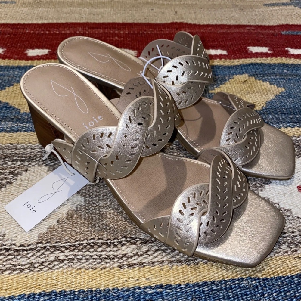 JOIE Society Gold block Heels SZ 6.5 EU 37 Square Open Toe Braided Straps